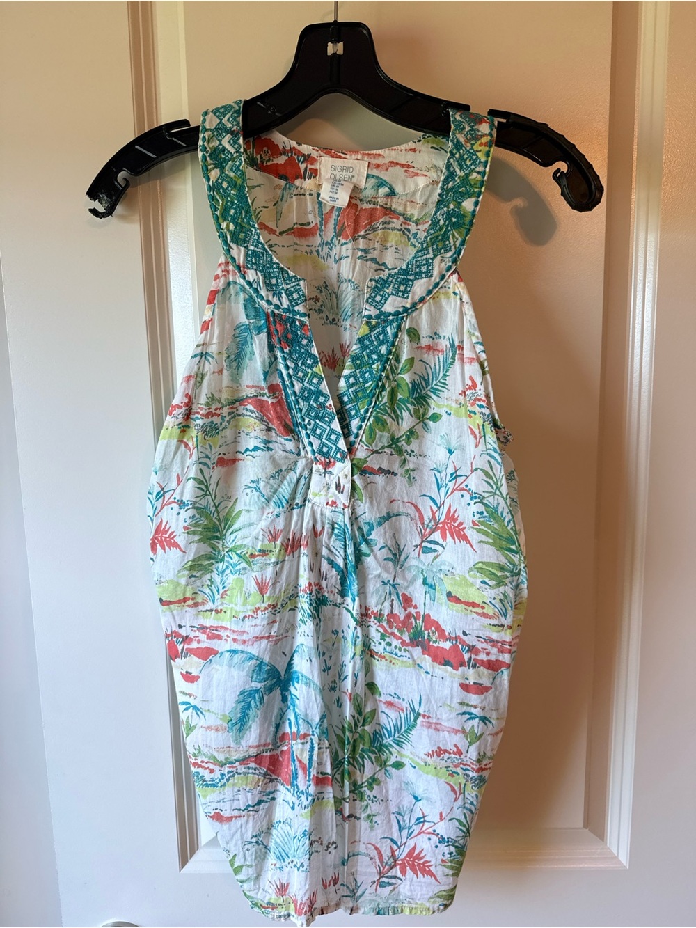 Sigrid Olsen White Tropical Print Sleeveless Tunic with Teal Trim